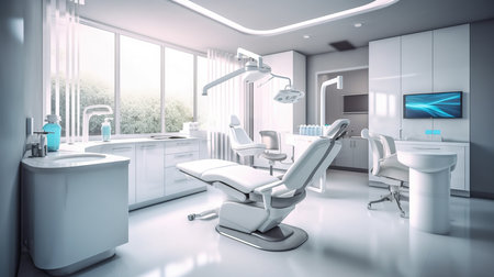 3d rendering of modern dental clinic interior with dentist chair and equipmentの素材