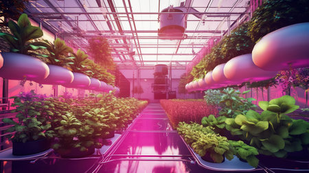 3D render of a greenhouse with plants and flowers in the foregroundの素材