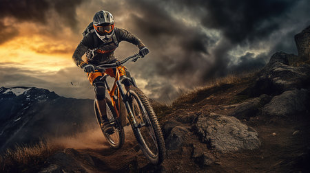 Professional Cyclist Riding the Mountain Bike on the Rocky Trail. Extreme Sport Concept.の素材