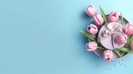 Gift box with pink tulips on blue background. 3d illustrationの素材