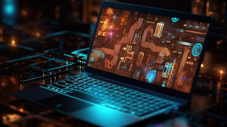 Close up of a laptop with circuit on the screen. 3d renderingの素材