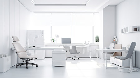 Modern white office interior with white walls, concrete floor, white computer tables and armchairs. 3d rendering mock upの素材