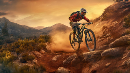 Cyclist Riding the Bike on the Rocky Trail at Sunset. Extreme Sport Concept.の素材