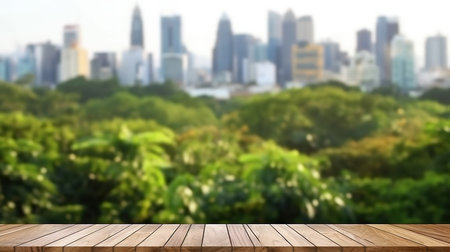 Wood table top on blur cityscape background - can be used for display or montage your productsの素材