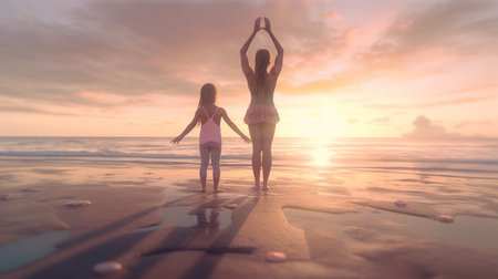 Mother and daughter doing yoga on the beach at sunset. Concept of healthy lifestyleの素材