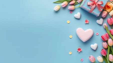 Valentine's Day background with tulips, gift box and hearts on blue backgroundの素材