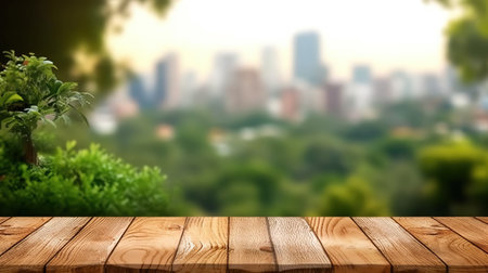 Wooden table top on blurred city background with bokeh.の素材