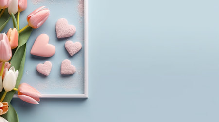 Valentine's day background with tulips and hearts on blue backgroundの素材
