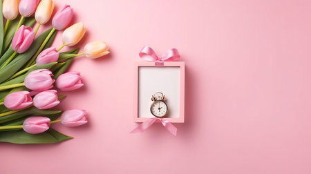 Bouquet of tulips and vintage pocket watch on pink backgroundの素材