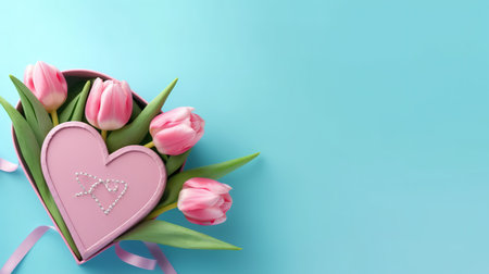 Pink tulips and heart shaped gift box on blue background with copy spaceの素材