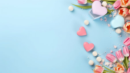 Valentine's day background with tulip flowers and hearts on blueの素材