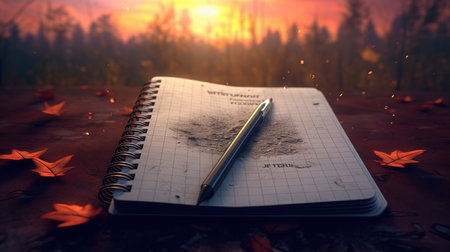 Notebook and pen on the table in the autumn forest at sunsetの素材
