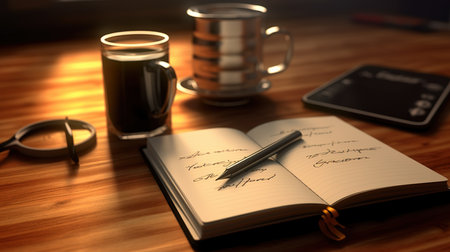 Notebook with pen and coffee cup on the wooden table. 3d renderの素材