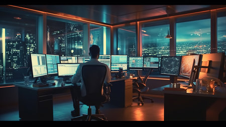 Rear view of businessman looking at monitors in modern office at nightの素材
