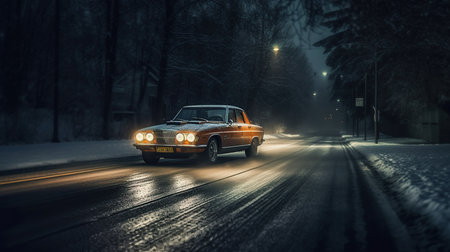 Vintage car on the road at night in winter with fog.の素材