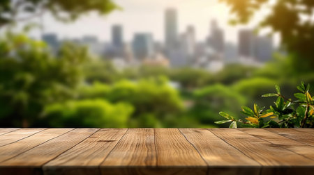 Wood table top on blur cityscape background - can be used for display or montage your productsの素材