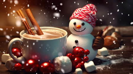 Snowman and hot chocolate with marshmallows on wooden background.の素材