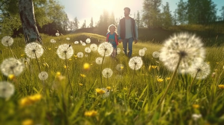 Father and daughter walking in the meadow with dandelions.の素材
