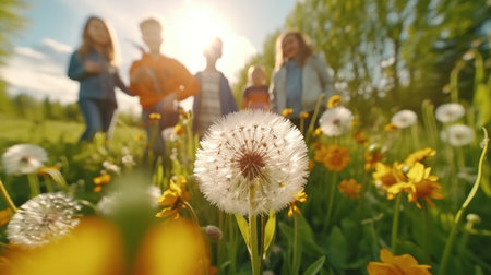 Group of friends walking in the meadow with dandelions and flowersの素材