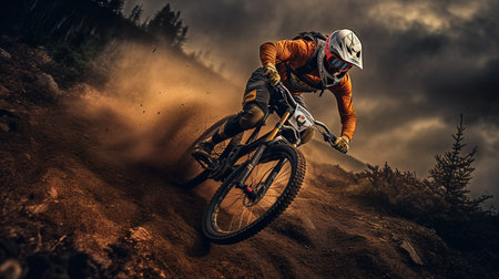 Extreme mountain bike rider in action. Extreme mountain bike rider on the race.の素材