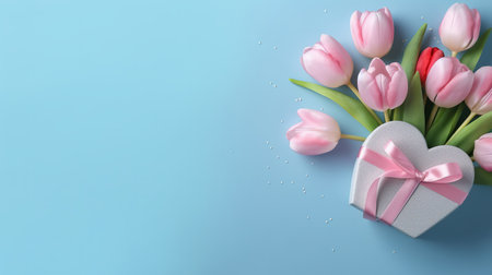 Bouquet of pink tulips and gift box on blue backgroundの素材