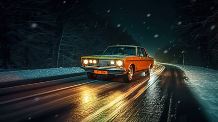 Retro car on the road at night in the snowfall.の素材