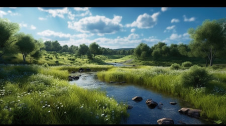 Beautiful panoramic landscape with river and green meadow.の素材