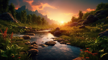 Fantasy landscape with a mountain river at sunset. 3d renderingの素材