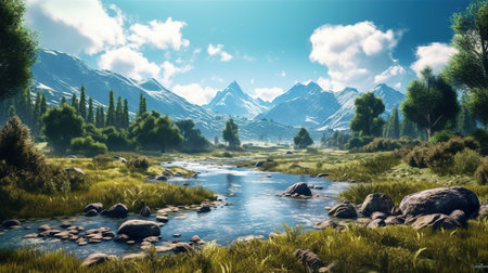 Fantasy landscape with mountain river and blue sky. Digital painting.の素材