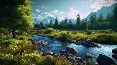 Landscape with mountain river and forest at sunset. 3d renderの素材