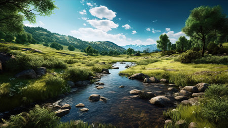Beautiful summer landscape with mountain river and green grass. Panoramaの素材