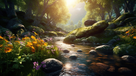 Mountain landscape with a river and flowers in the foreground.3d renderの素材