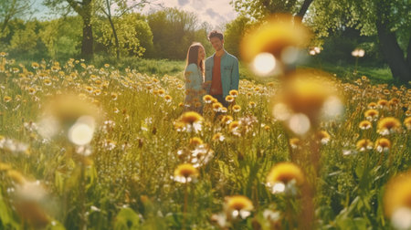 Couple in love on the field of dandelions. Photo in retro styleの素材
