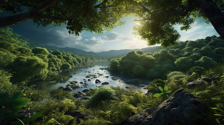 Beautiful landscape with mountain river in the forest.3d renderの素材