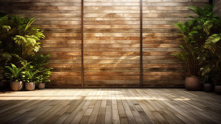Wooden wall and floor with plants. 3d render illustration.の素材