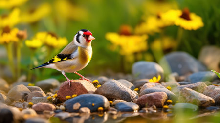 Goldfinch (Carduelis carduelis) on a rockの素材