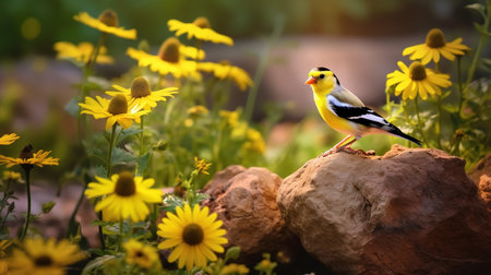 American Goldfinch (Carduelis tristis) on a flower bedの素材