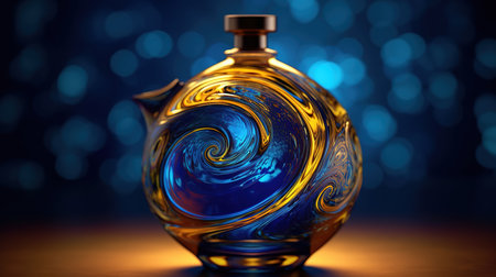 Glass bottle with blue background, 3d rendering. Computer digital drawing.の素材