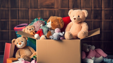 Pile of old teddy bears in cardboard box on wooden backgroundの素材