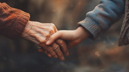 Grandmother and grandson holding hands. Close-up of the hands of an elderly woman and a child.の素材