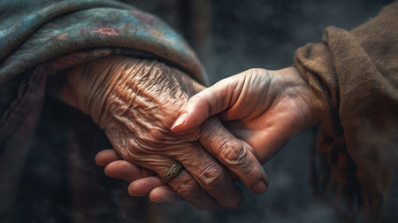 Elderly woman holds the hand of her husband. Concept of love.の素材