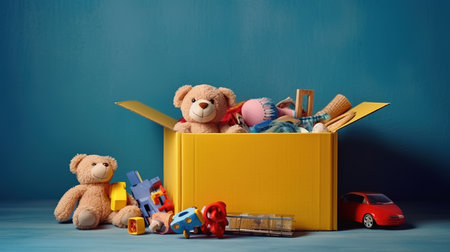 Teddy bear in a box with toys on a blue background.の素材