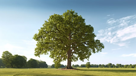Big oak tree in the meadow. 3D render. Sunny day.の素材