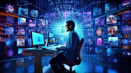 Programmer in front of computer screen. Mixed media. Mixed mediaの素材