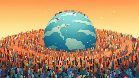 People crowd around the planet earth vector illustration. World environment day concept.の素材