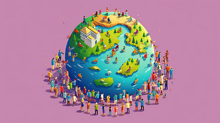 People around the planet earth. Isometric 3d vector illustration.の素材