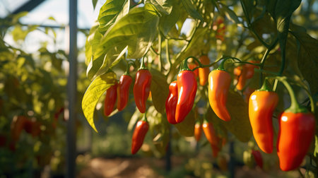 Ripe red and yellow bell peppers on a branch in a greenhouseの素材