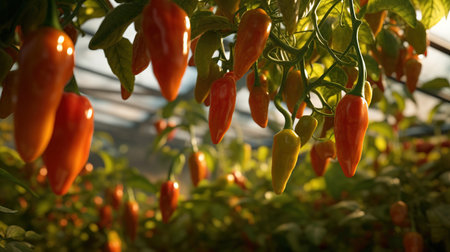 Red and yellow hot chili peppers growing on a branch in a greenhouseの素材