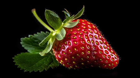 Fresh ripe strawberry with green leaves on black background, close-upの素材