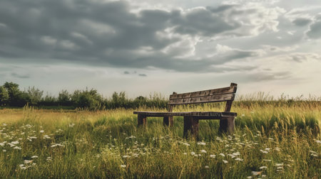 Wooden bench in the field with grass and flowers under cloudy skyの素材